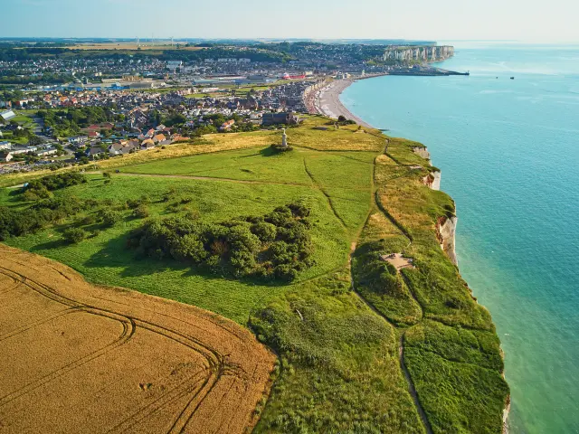 Picturesque panoramic landscape of white chalk cliffs near Mers-les-Bains, Somme, Hauts-de-France department of Normandy in France